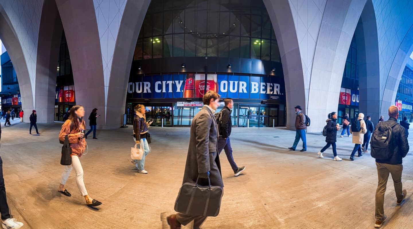 Boston South Station entrance with Sam Adams advertising