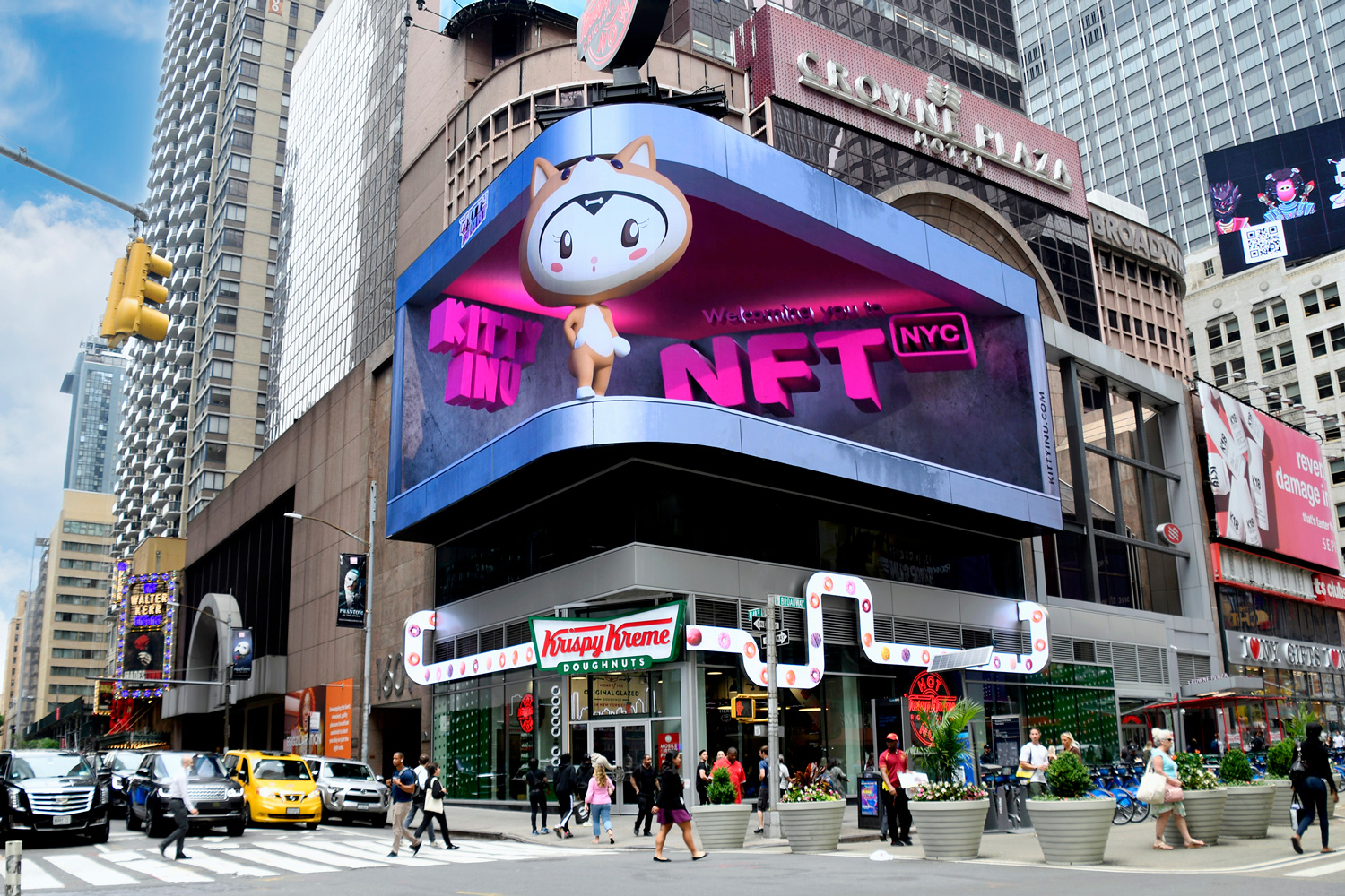 KITTY INU NFT NYC - NY Times Square 3D corner digital billboard above the Krispy Kreme