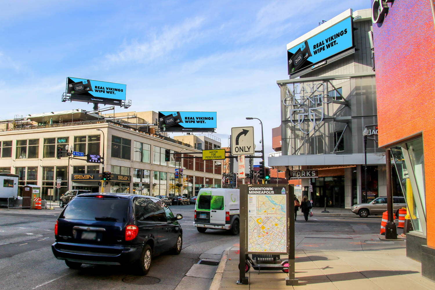 Dude wipes campaign in Minneapolis. Mayo Clinic Square billboard ads.
